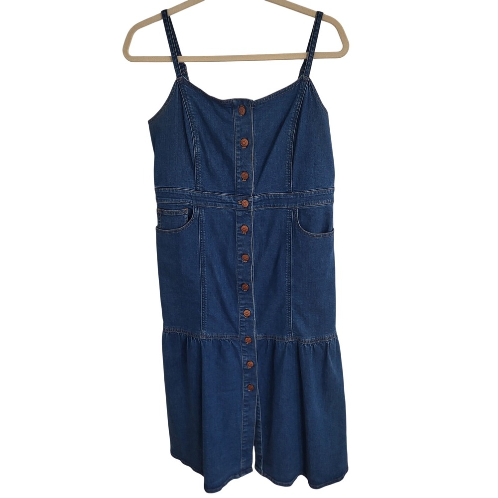 Madewell Bayview Tiered Denim Midi Dress Blue Button Front Medium Wash Jean 10 - Picture 2 of 7